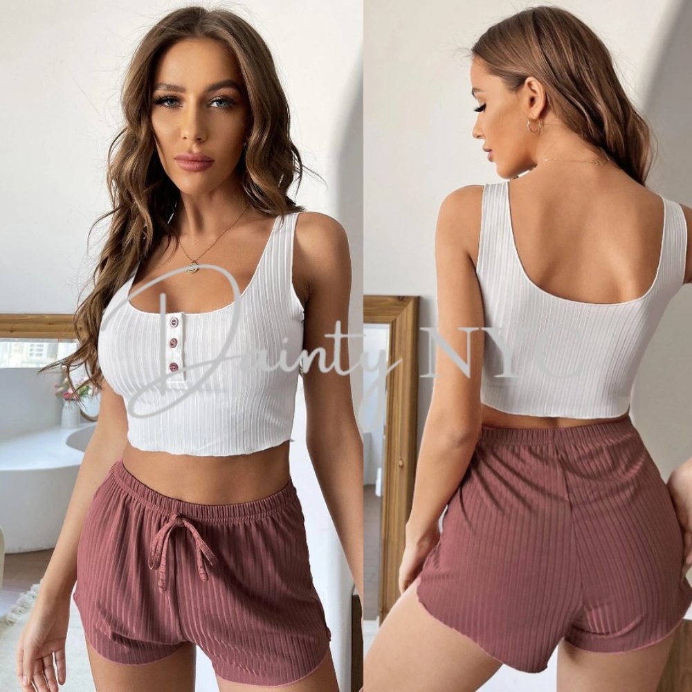 Ribbed Crop Top Tank Shorts Lounge Set - Picture 1 of 9
